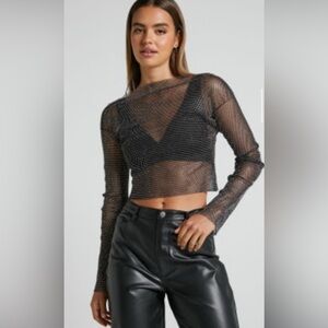 Black mesh long sleeve top with diamonds.